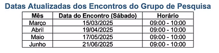 Datas previstas para encontros do grupo de pesquisa